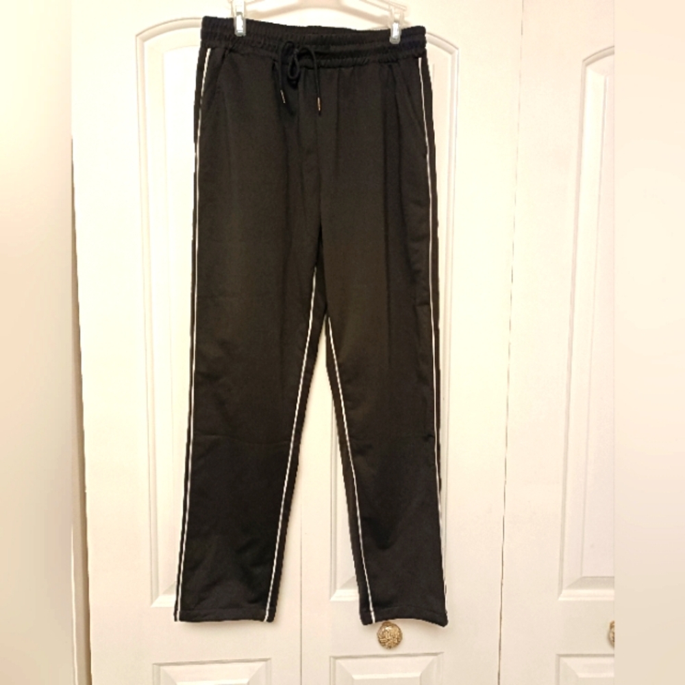 Black Men Track Pants with White Stripes at sides and inseam, S